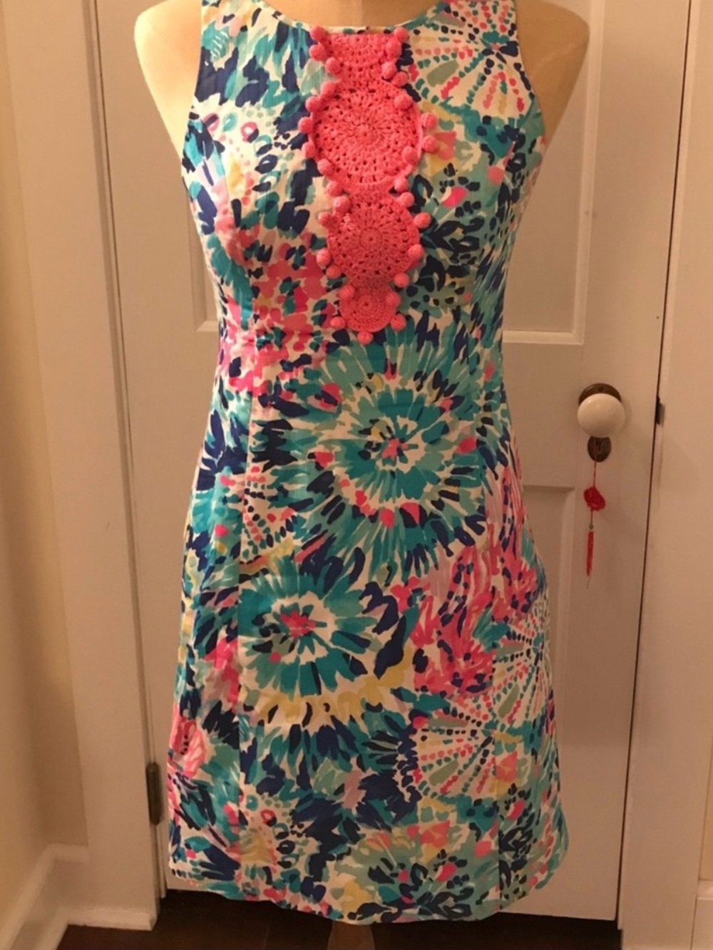 Lilly Pulitzer Turquoise Navy Pink Floral Mini Dress with Crochet Trim